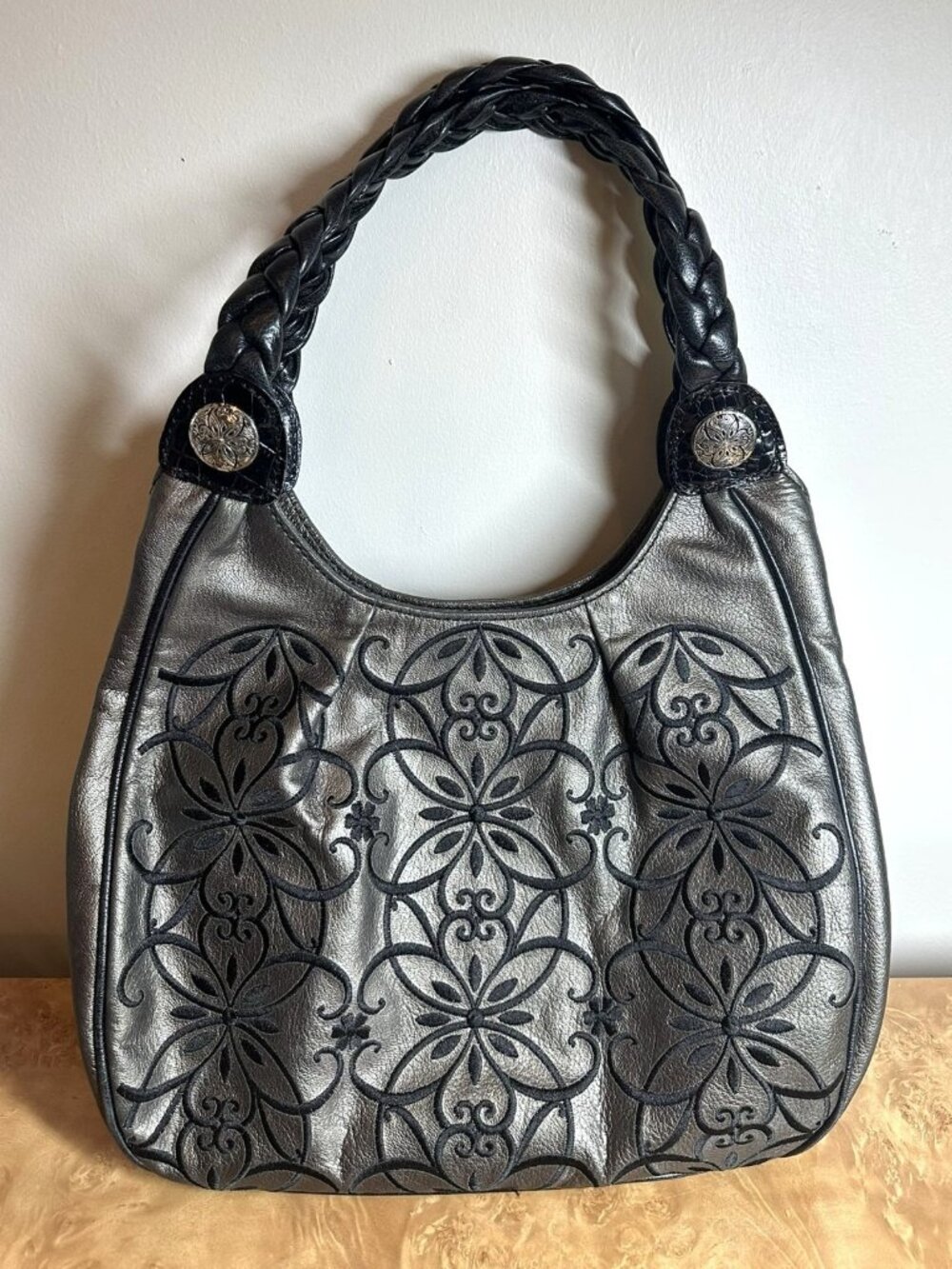 Brighton Valencia Metallic Pewter Floral Embroidered Leather Shoulder Bag